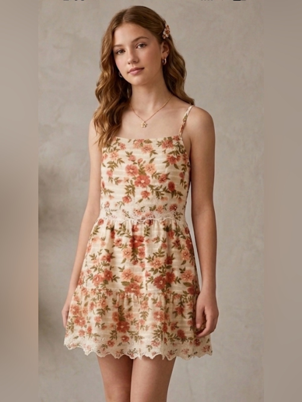 American Eagle Outfitters Cream Dress with Coral Floral Print